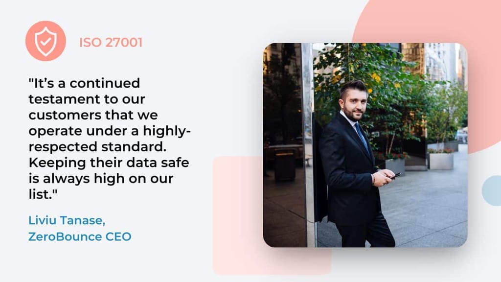 Picture of ZeroBounce CEO Liviu Tanase talking about data protection and security. Light pink elements on light gray background.