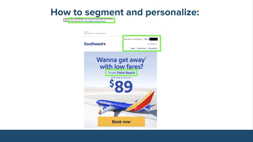 Screenshot of marketing email from Southwest Airlines shows how personalization is more than just a name.