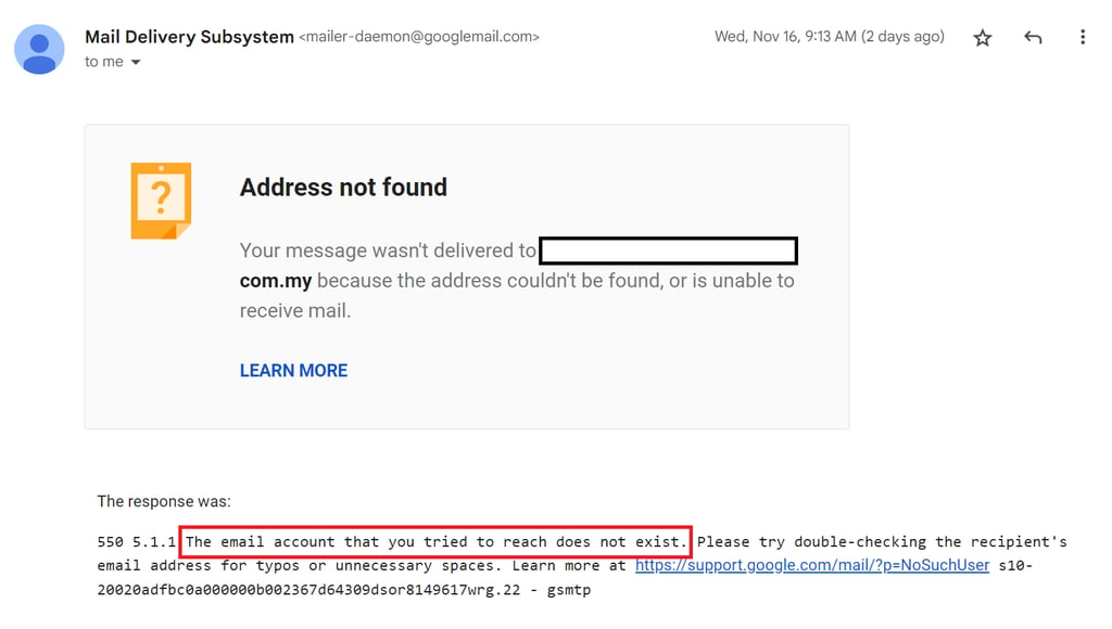 Screenshot of a hard bounce email showing that the email address was not found