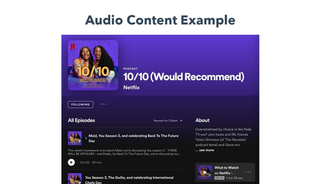 Image showing example of audio content: a screenshot of a website showcasing a Netflix podcast description, with a picture of two young African-American women.
