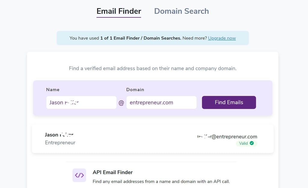 screenshot of zerobounce email finder showing valid email address upon providing name and company domain