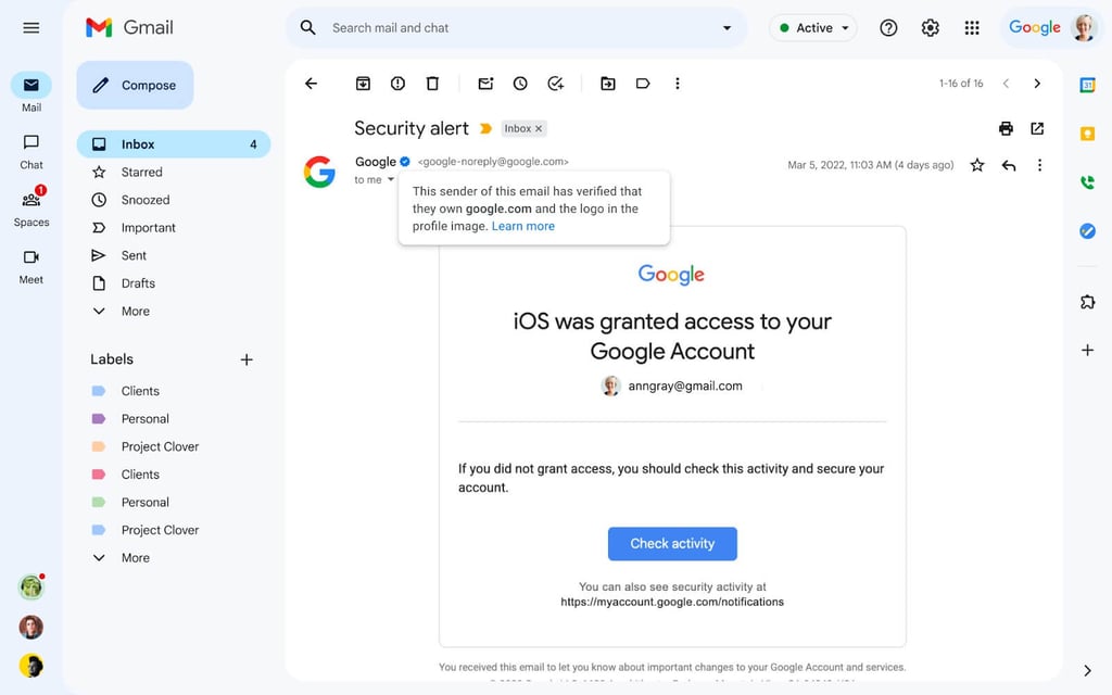 google example of email authentication in recipient inbox