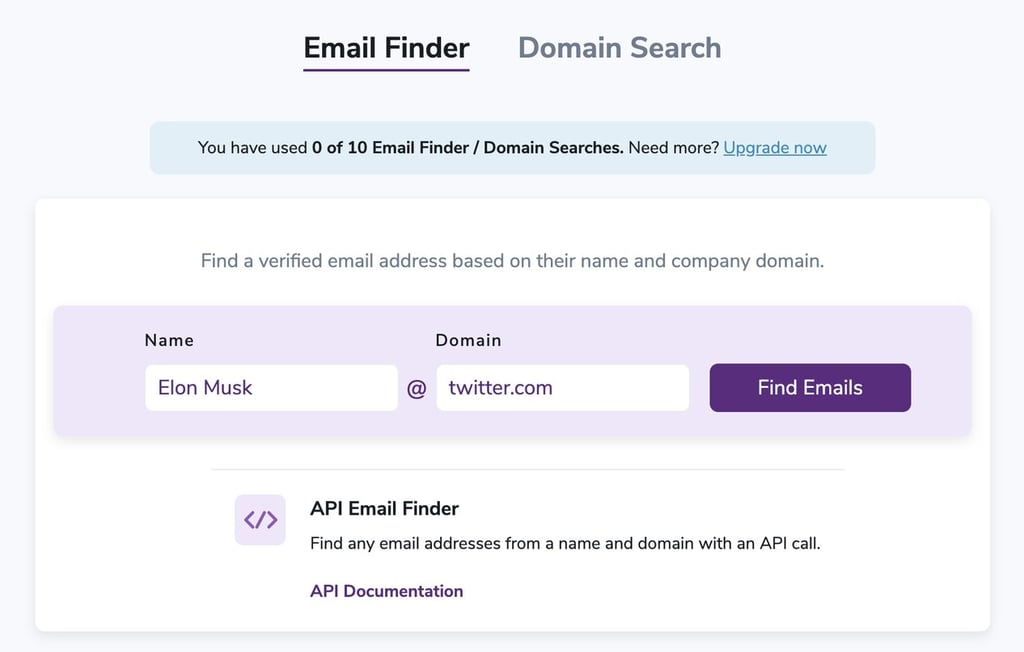 Screenshot of ZeroBounce Email Finder shows how you can put someone's name and domain to find out a correct email address.