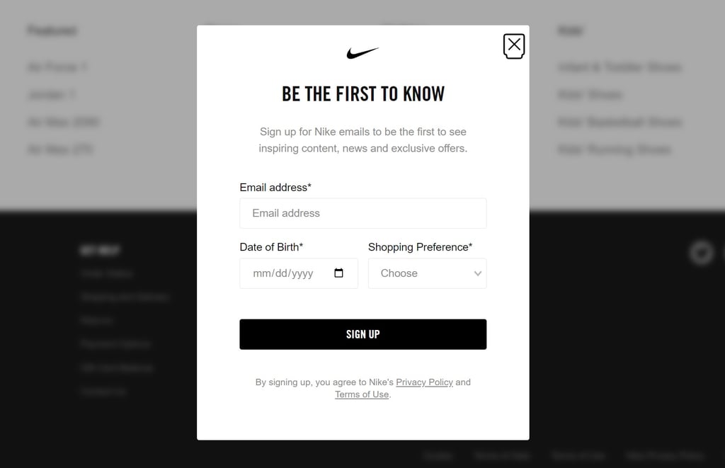 subscribe to nike screenshot to illustrate email list growth initiatives