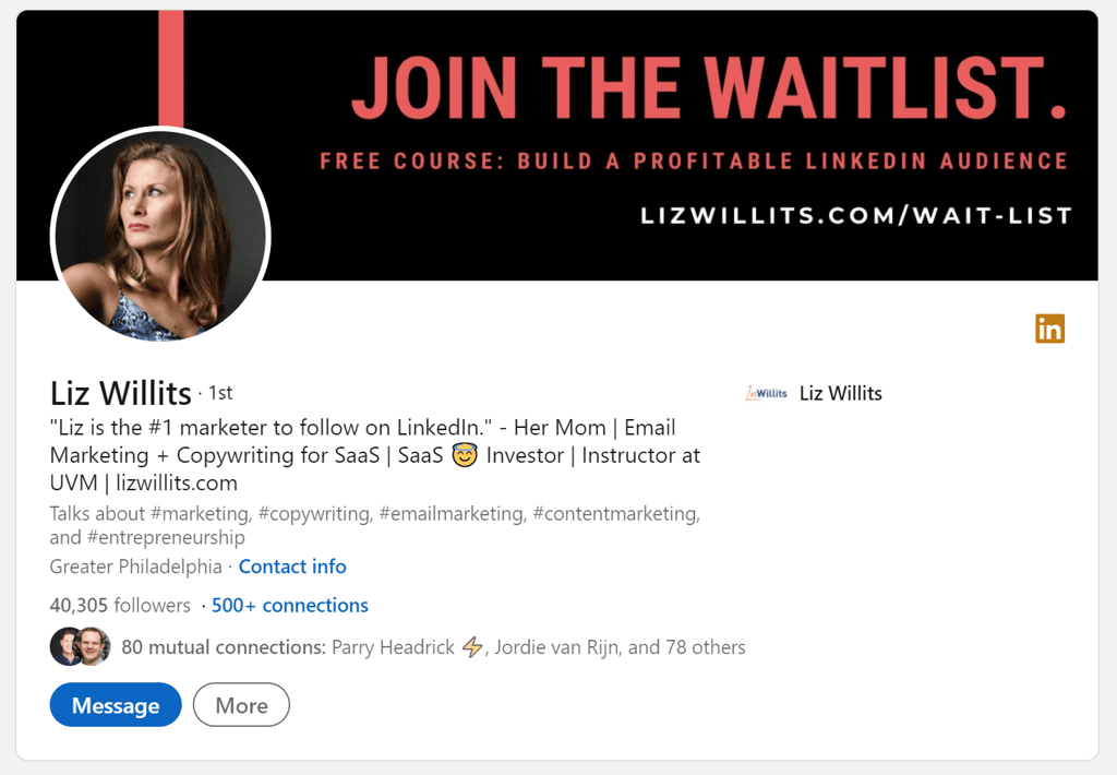 Brand example of Liz Willits and her LinkedIn page.