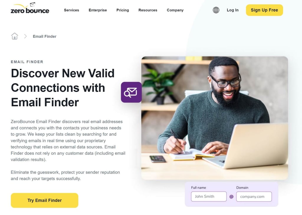 screenshot of zerobounce email finder tool with afro-american man working at computer and taking notes