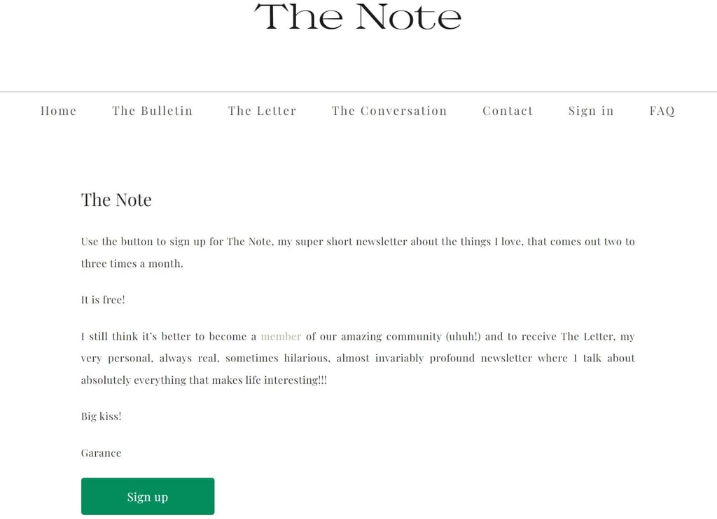 screenshot of garance dore the note newsletter subscription form example