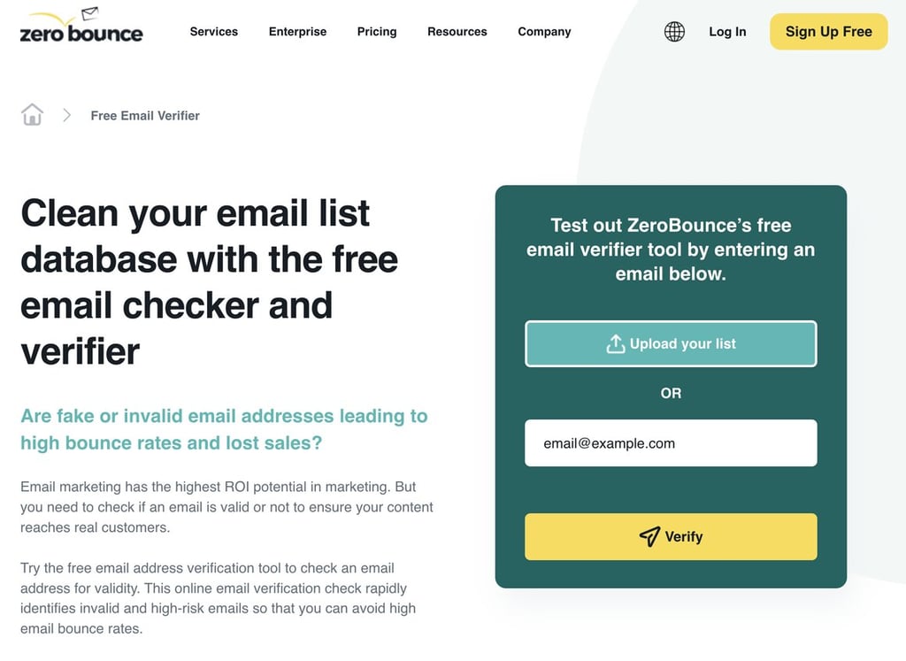 Screenshot of the ZeroBounce free email verifier with dark green elements on light background.