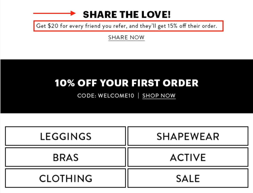 Example example from Spanx using black elements on white background offering 10% off first order to nurture prospects via email 