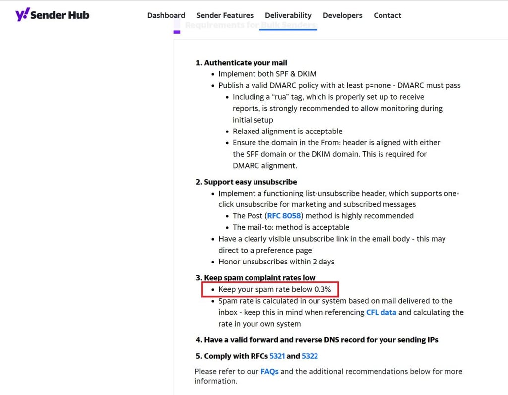 Screenshot of Yahoo's sender best practices guide addressing the new email deliverability requirements for bulk senders