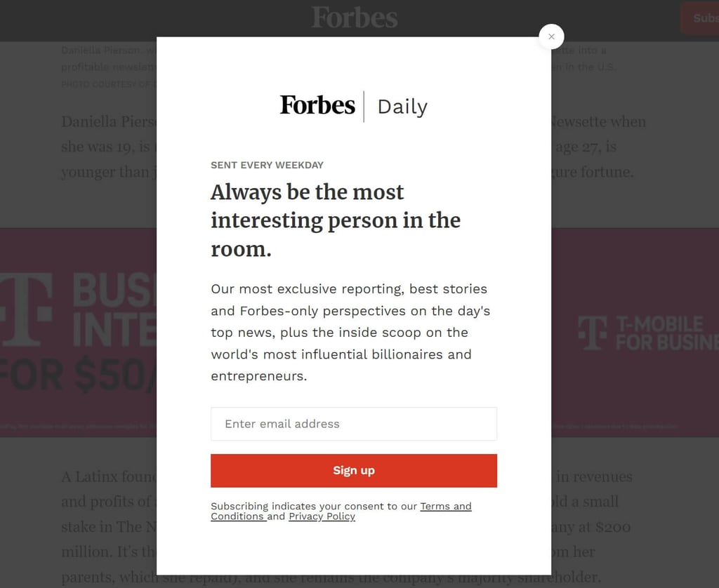 subscribe to email newsletter example from forbes magazine on white background