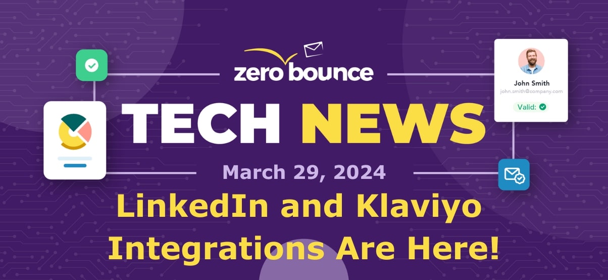 Tech News image with purple background updates readers about new LinkedIn and Klaviyo integrations available.
