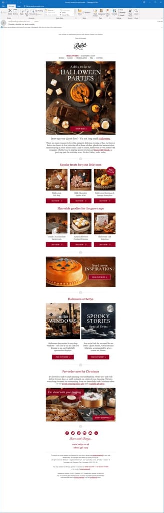 Halloween email example from Betty’s Bakery showing Halloween-themed backed goods