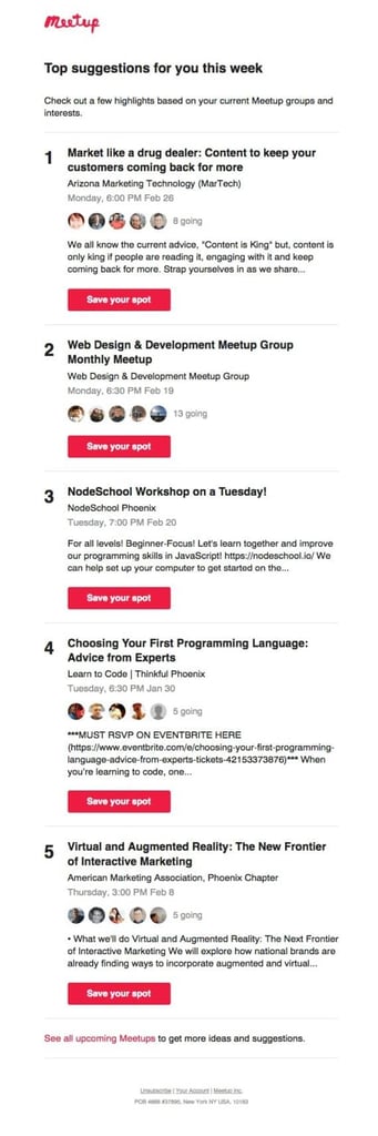 Meetup email showing example of subject line for event invitation. List of event suggestions displayed in red and black on a white background