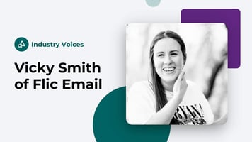 Picture of email marketing strategist Vicky Smith of Flic Email. Dark purple and blue elements on light gray background.