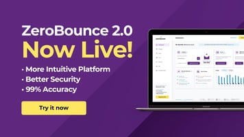 Screenshot of zerobounce email validation dashboard on dark purple background announcing zerobounce relaunch