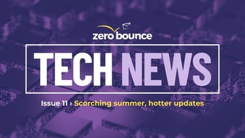ZeroBounce tech news announces a newly improved email finder tool on a purple background.