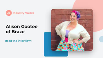 Email deliverability expert Alison Gootee is shown with colorful dyed hair and a vibrant skirt with cupcake patterns, shown on a white background with pastel shape elements.