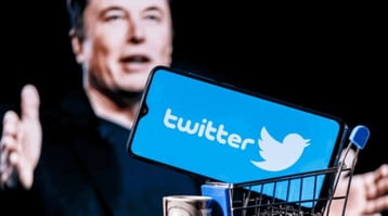 Image of entrepreneur Elon Musk and Twitter logo on a black background