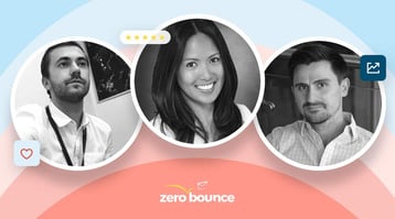 Black and white photos of ZeroBounce executives are shown amongst pastel blue and pink background.