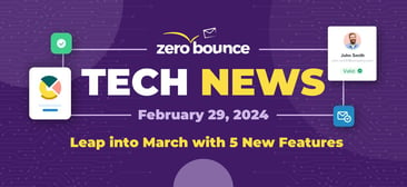 Tech News image with purple background shows new features available from ZeroBounce.