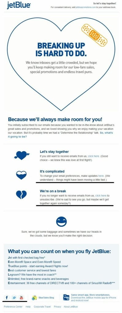 JetBlue shoes a white heart with a blue outline. Showing various stages of the relationship including hearts and a broken heart to signify where in the process the customer may be.