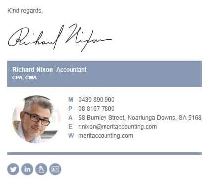 Image showing example of how an accountant adds a hand-written signature to his email. On a white background, there's also a picture of the man and his contact details.