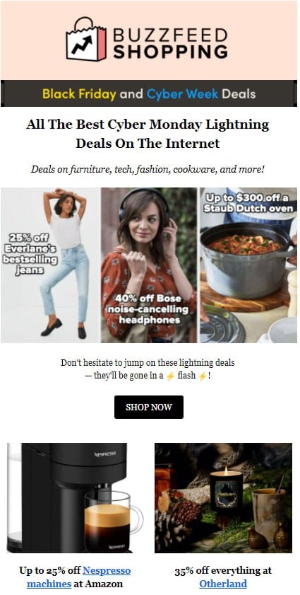 email validation example from Buzzfeed shopping offering a Black Friday and Cyber Week Deals Ad. 