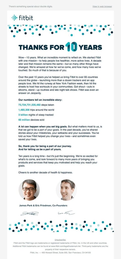 Fitbit email announcing that the company has turned 10 with a subject line focusing on the event invitation. Copy displayed on white background with festive elements, along with pictures of the two company founders.