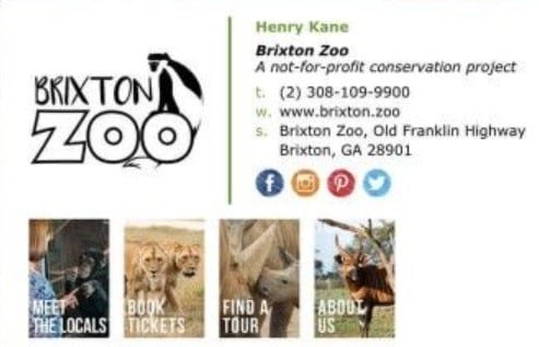 Image showing how a zoo employee ends an email. It includes the company's logo, address, website and phone number, along with pictures of animals on a white background.