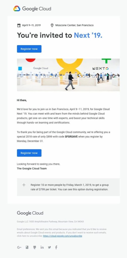 Google Cloud email inviting the recipient to the Next 19 event. Header image of a man walking into an open space office. Copy placed on white background with blue call to action button at the bottom