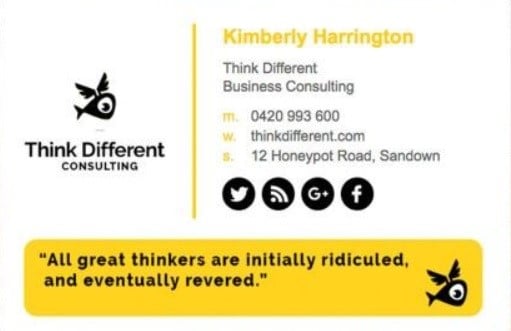 Image showing example of a Think Different email signature. The person's name and contact details can be seen on a white background, along with contact details. It also includes on-brand yellow accents and a quote.
