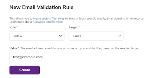screenshot of zerobounce's new email validation rule to allow block emails from databases