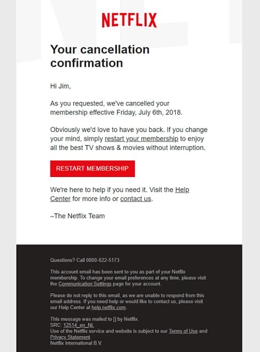 Netflix drip email marketing example discussing Cancellation. 