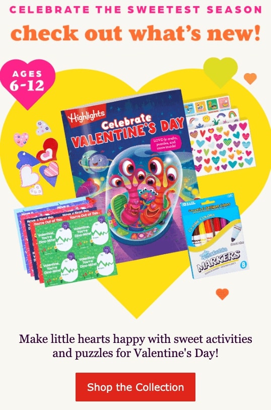 Screenshot of Highlights Valentine email showing pink and yellow hearts as well as puzzles.