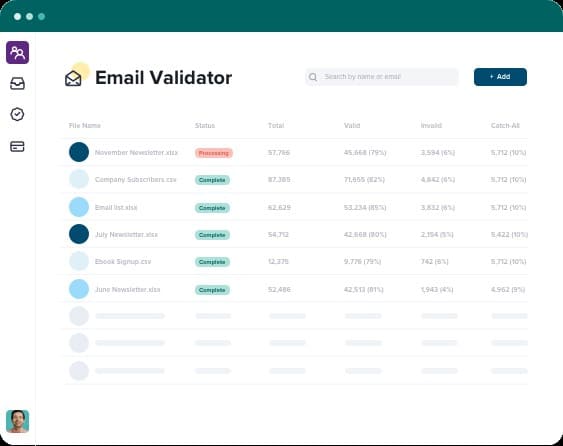 Email verification process at ZeroBounce, showing different email lists at different stages of email validation. ZeroBounce dashboard displayed on a white background with a dark green top menu