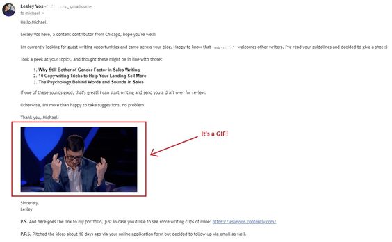 Screenshot of outreach email uses GIF.