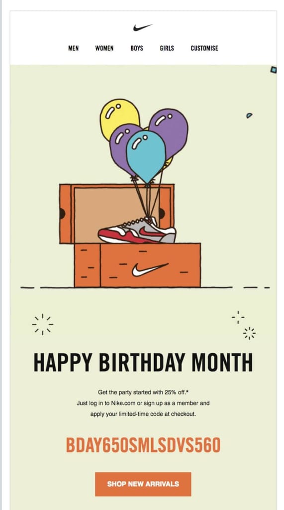 Email personalization example from Nike showing a happy birthday message
