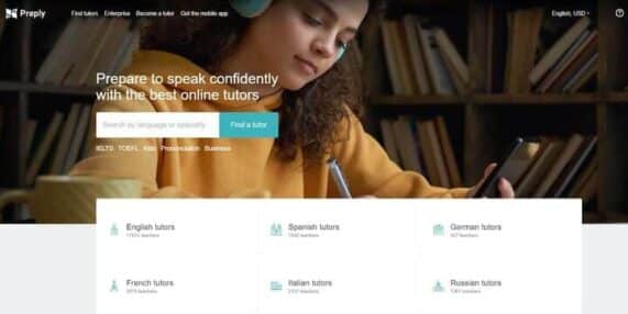 Screenshot of Preply homepage shows young woman in yellow shirt being tutored.