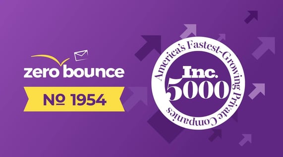 Illustration announcing that email validation company ZeroBounce is on the 2022 Inc. 5000 list. Inc. 5000 logo on dark purple background.