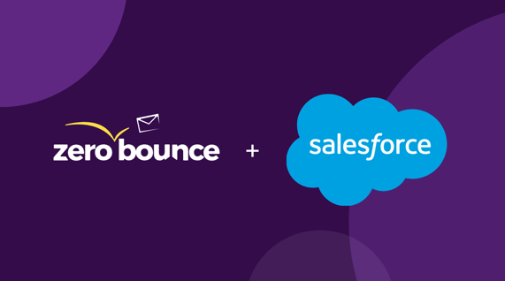 Purple background illustrating integration of ZeroBounce and Salesforce using official logos.
