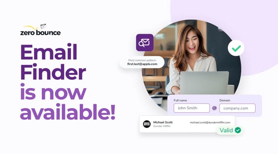 picture of young asian woman at computer with copy announcing zerobounce email finder