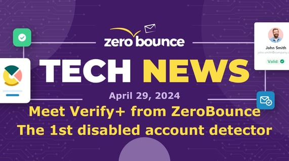 Purple background and yellow text announces the new Verify+ from ZeroBounce, used to identify disabled Yahoo, AOL and Verizon emails.