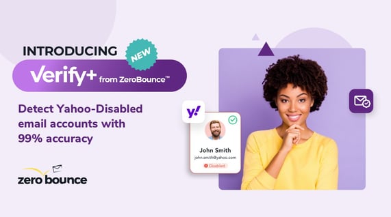 young african-amercan woman smiling with zerobounce logo on purple background and text announcing ZeroBounce Verify+