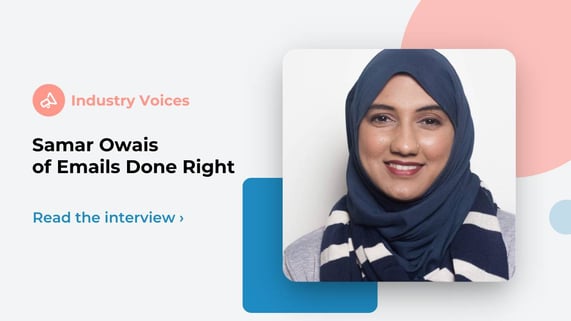 Email strategist and copywriter Samar Owais is shown on a light background with pastel blue and pink colors.