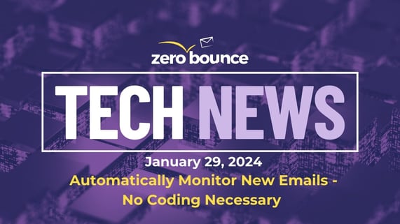 Tech news announcing ZeroBounce's call to update your account with 2FA among purple shape elements.