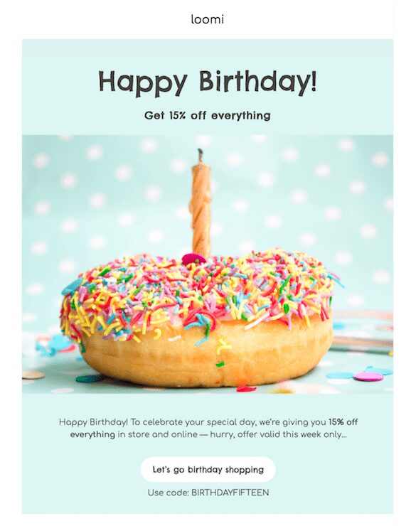 Screenshot of targeted email from Loomi offering discount. Image of a donut on a turquoise background.
