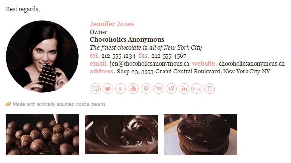 Image showing how the owner of Chocoholics Anonymous ends her electronic message. On a white background, there is a picture of a woman biting into a chocolate bar, contact details and social icons, along with three enticing product pictures.