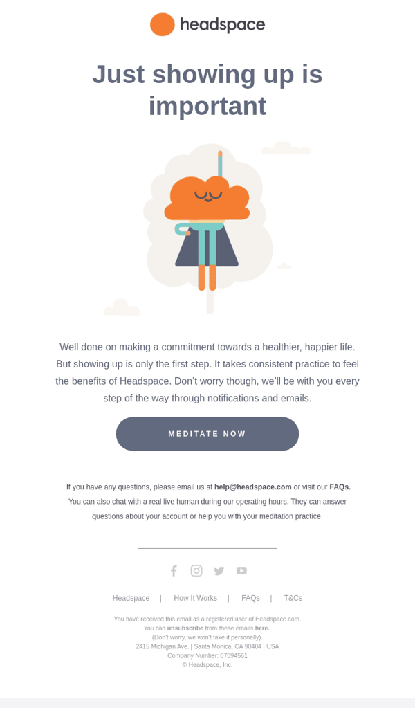 A re-engagement email from meditation app Headspace shows cartoon cloud character laying on a cloud. 