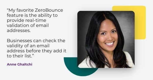 ZeroBounce email verification features quote from Anne Ghaltchi, " My favorite ZeroBounce feature is the ability to provide real time validation of email addresses. Businesses can check the validity of an email address before they add it to their list. "
